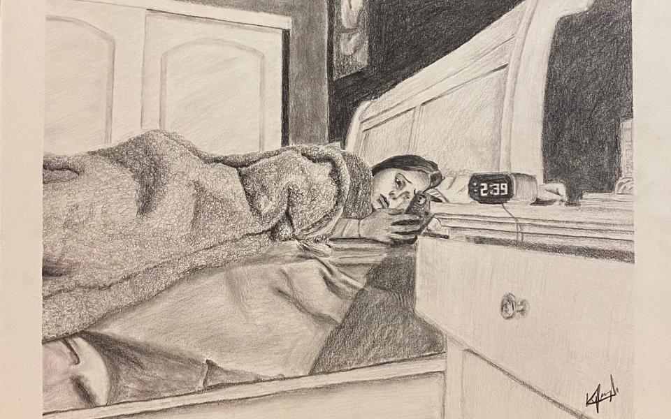 Pencil drawing of girl in bed, scrolling on her phone