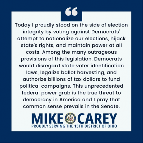 Mike Carey Statement Opposing Democrat Attempt to Nationalize Elections